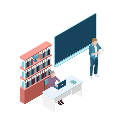 Isometric university classroom with student near board and teacher at desk with laptop 3d vector illustration