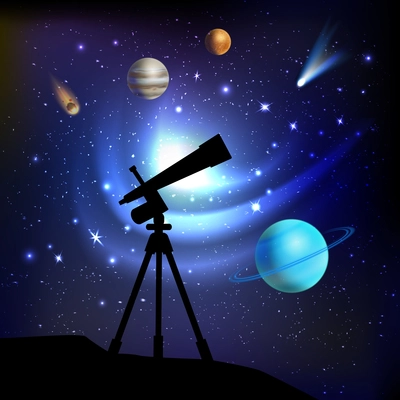 Space background with telescope planets comets and stars vector illustration