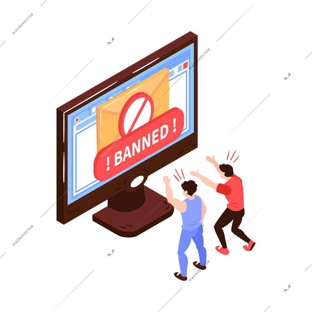 Isometric banned website concept with computer and angry users 3d vector illustration