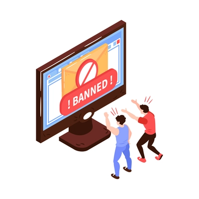 Isometric banned website concept with computer and angry users 3d vector illustration