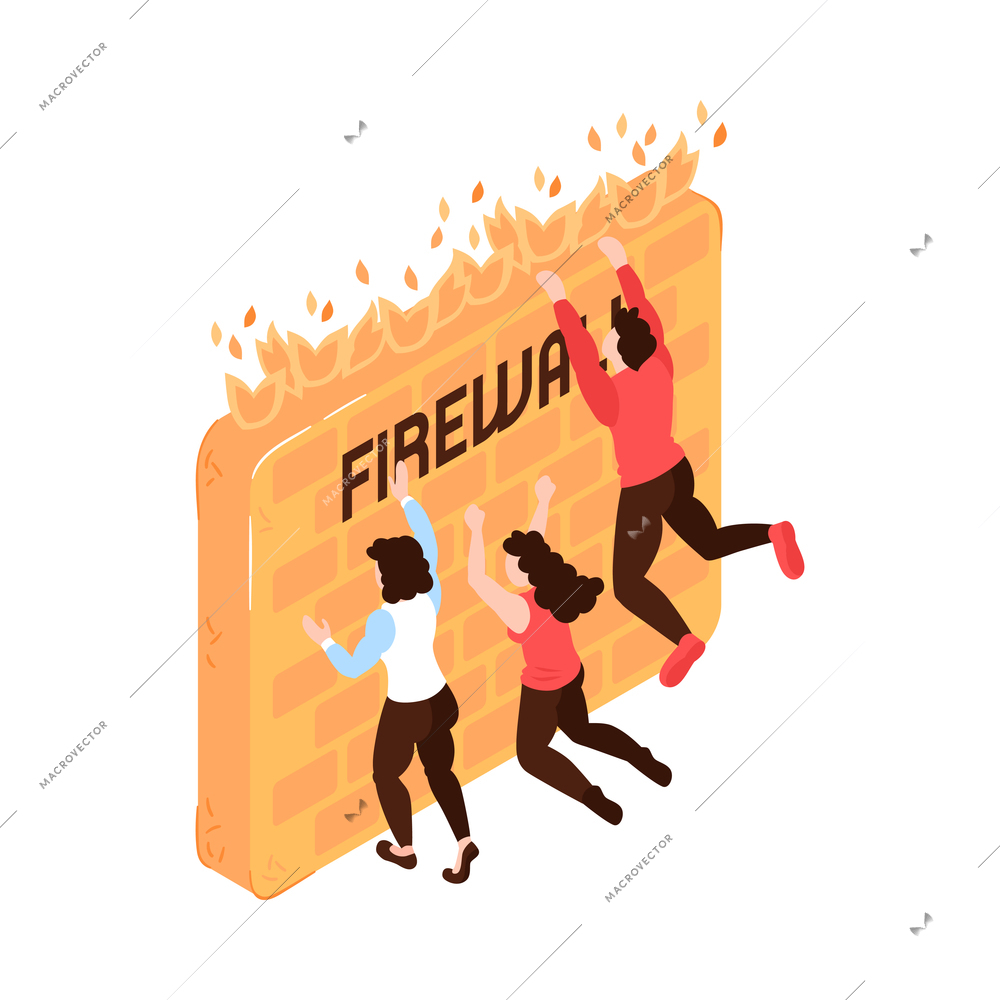 Banned website isometric concept with people climbing firewall 3d vector illustration