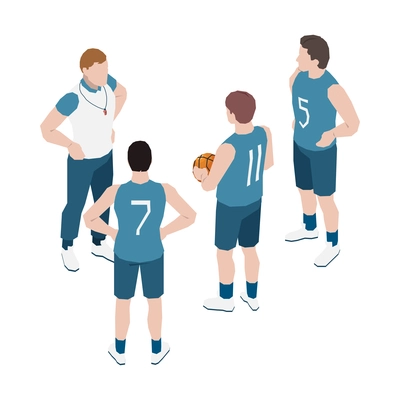 Isometric basketball team players talking to their coach 3d vector illustration