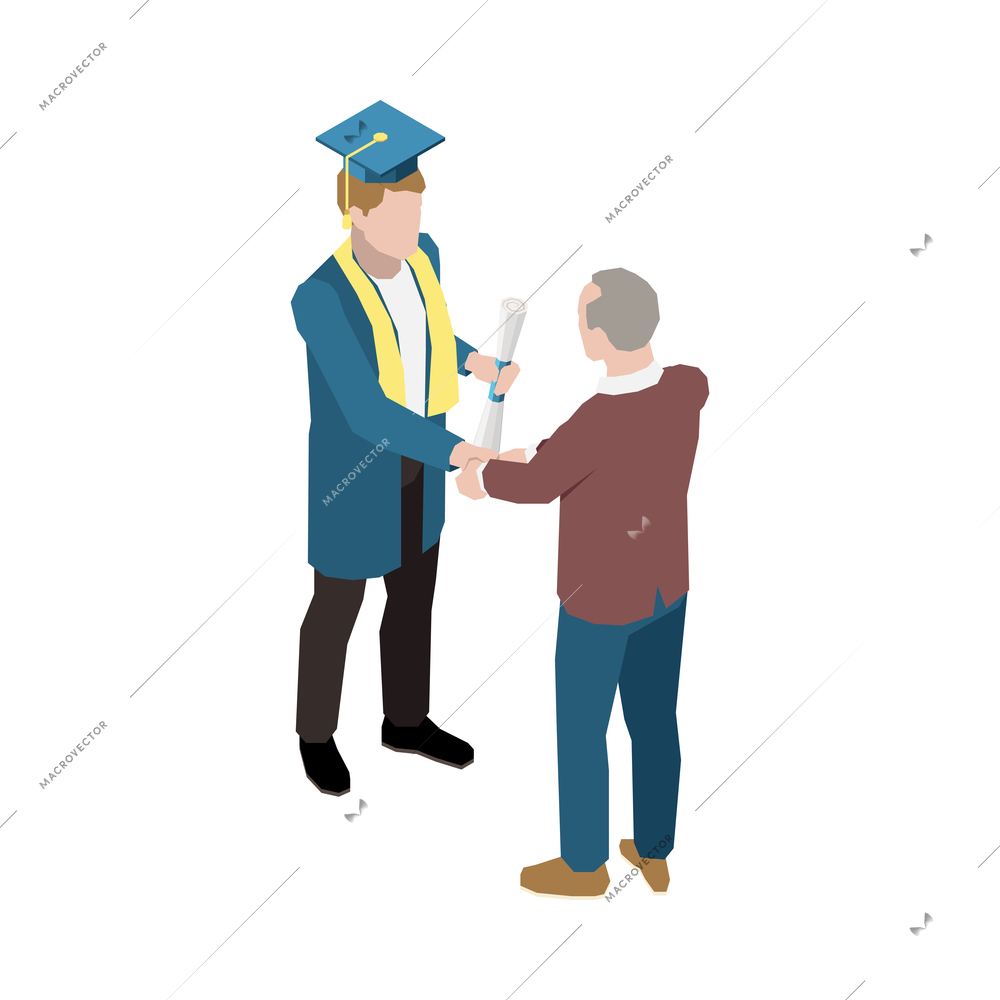 Isometric senior professor congratulating university graduate 3d vector illustration