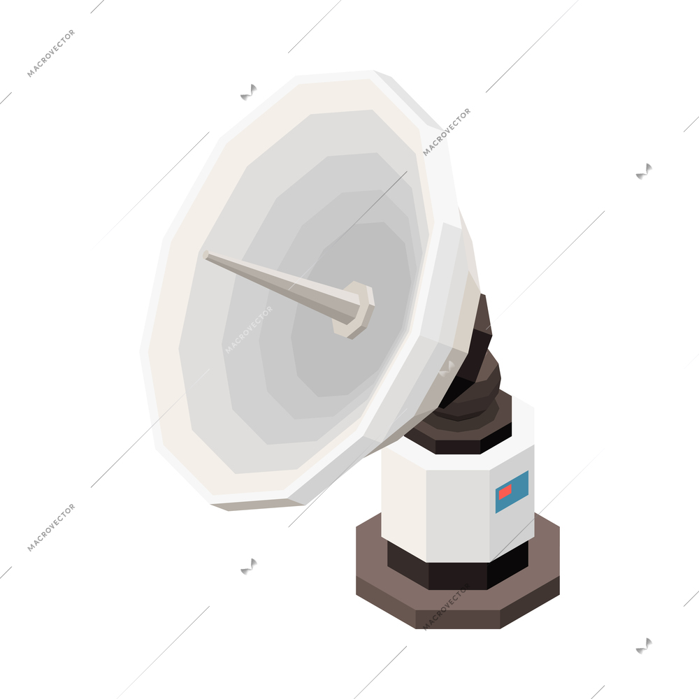 Isometric telecommunication equipment icon with dish satellite 3d vector illustration