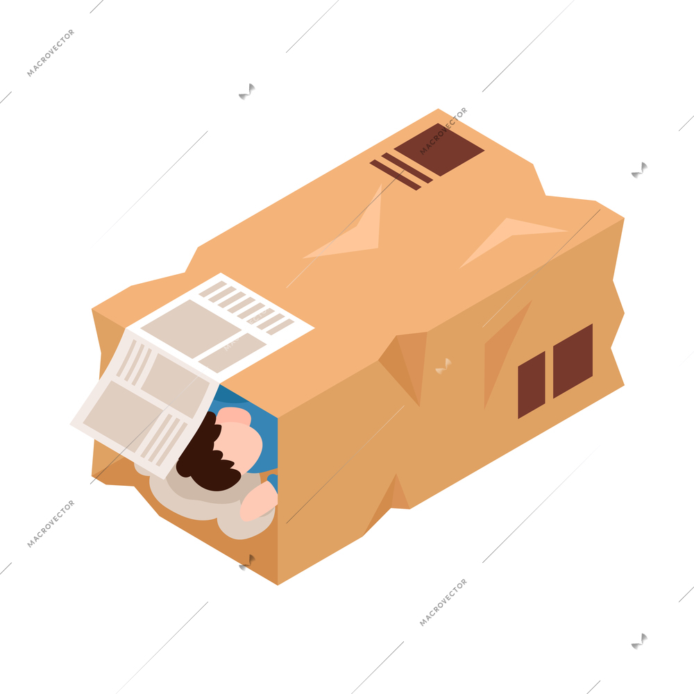 Isometric homeless person sleeping in cardboard box outdoors 3d vector illustration