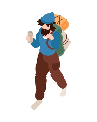Isometric homeless person walking with backpack and can 3d vector illustration