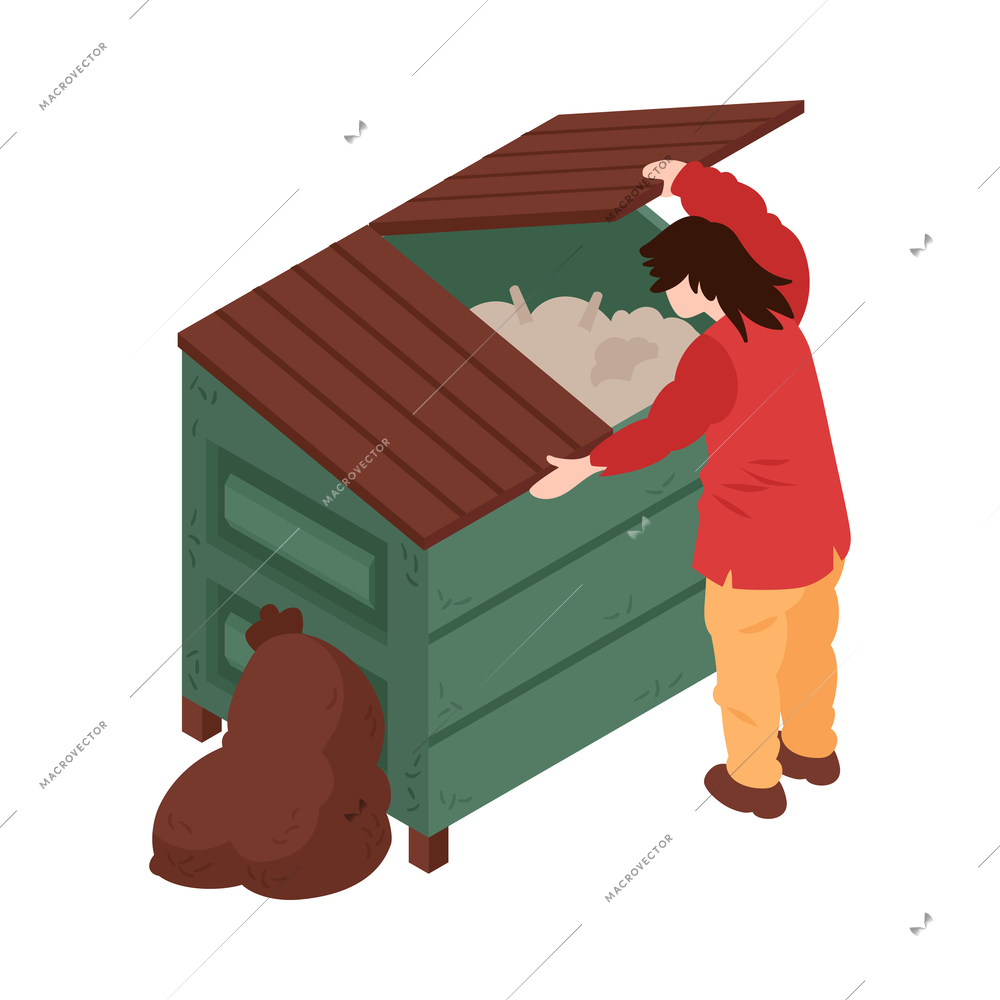 Isometric poor homeless person digging in trash container 3d vector illustration