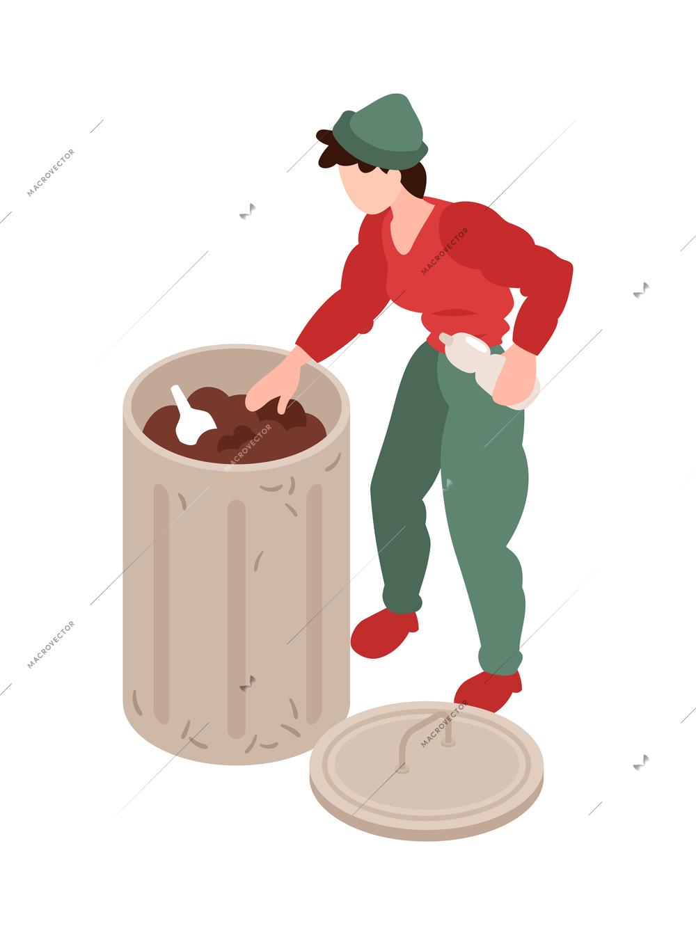 Isometric homeless person looking for plastic bottle in trash container 3d vector illustration