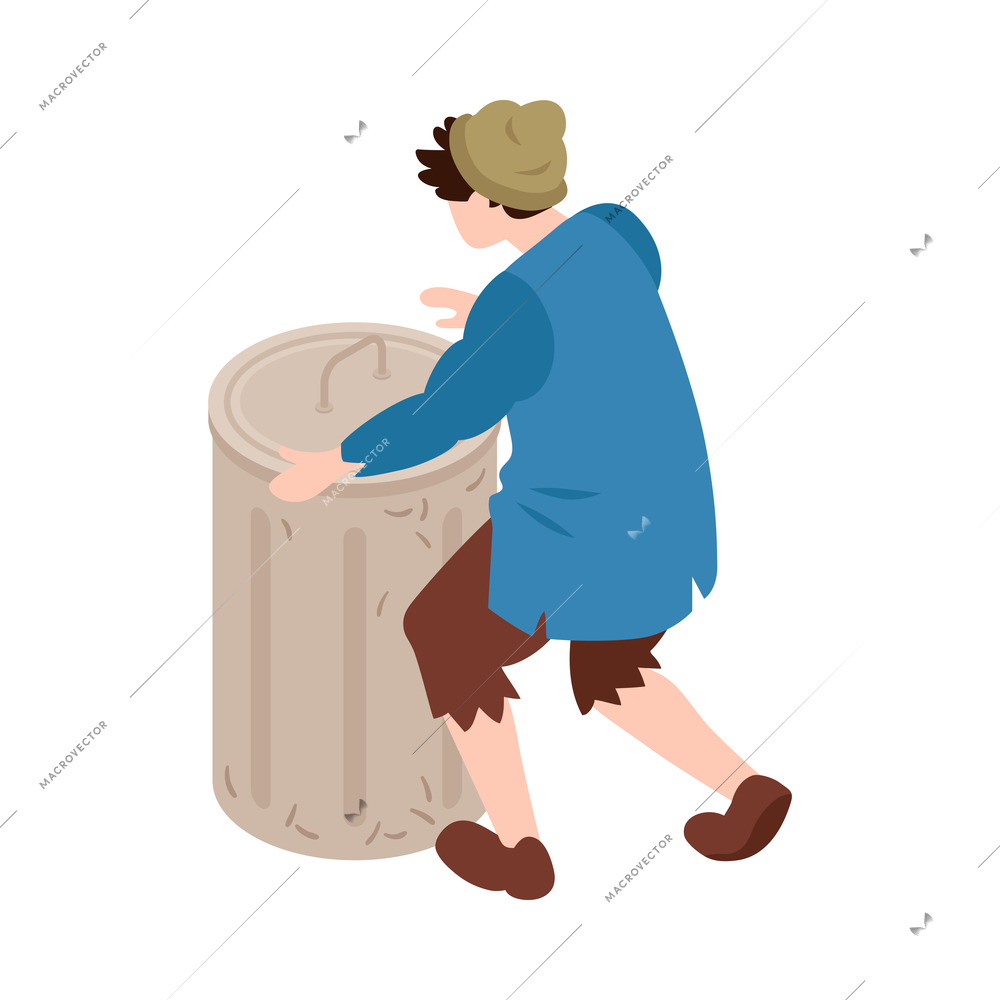 Isometric homeless person with rubbish container 3d vector illustration