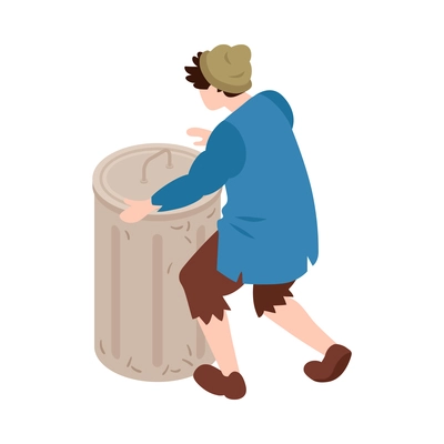 Isometric homeless person with rubbish container 3d vector illustration