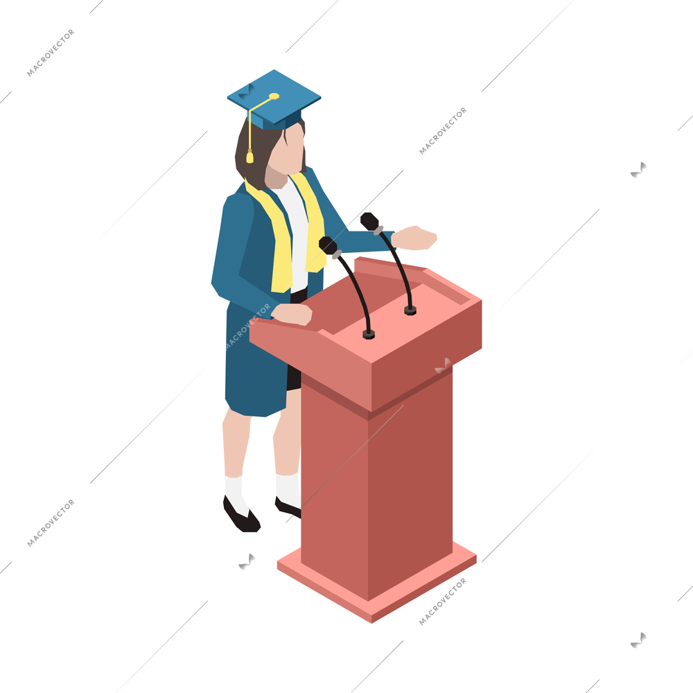 Isometric female university graduate giving speech 3d vector illustration