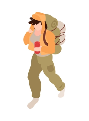 Isometric faceless homeless man with backpack and can 3d vector illustration