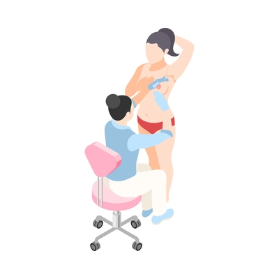 Women health isometric icon with female character being examined by mammologist 3d vector illustration