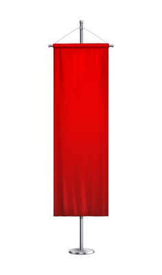 Realistic red rectangular advertising pennant on steel stand vector illustration