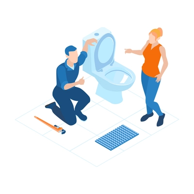 Plumbing service isometric composition with plumber fixing toilet bowl at home 3d vector illustration