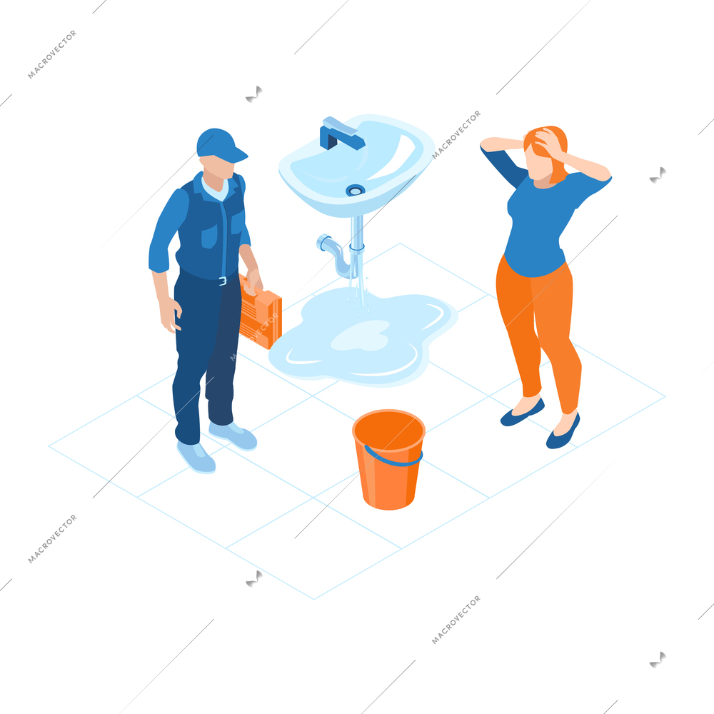 Plumbing service isometric composition with characters of plumber client and leaking sink 3d vector illustration