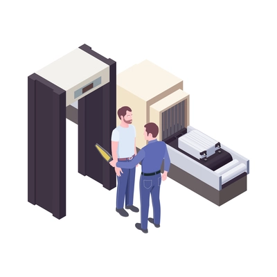 Isometric airport security zone with metal detector gate and conveyor belt 3d vector illustration