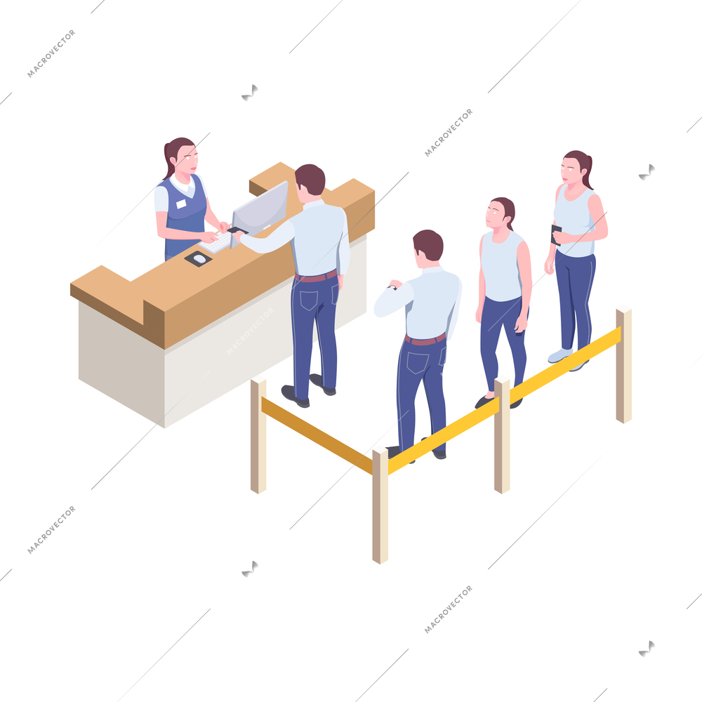 Airport isometric composition with check in counter and people in queue 3d vector illustration