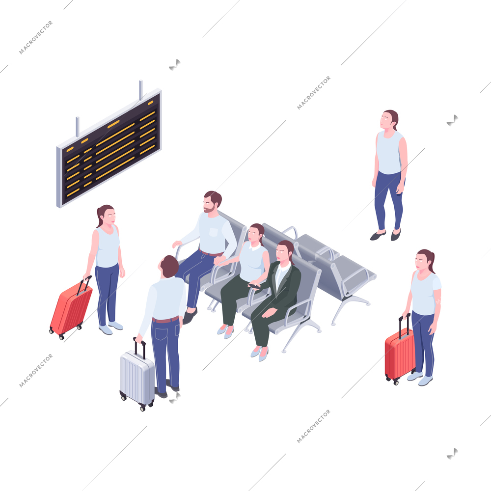 Isometric airport waiting area with passengers seats and electronic board 3d vector illustration