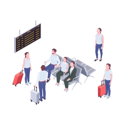 Isometric airport waiting area with passengers seats and electronic board 3d vector illustration