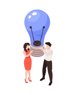 Teamwork and brainstorming isometric concept with two people holding light bulb 3d vector illustration