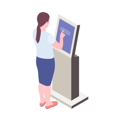 Isometric woman using touch screen information kiosk 3d vector illustration