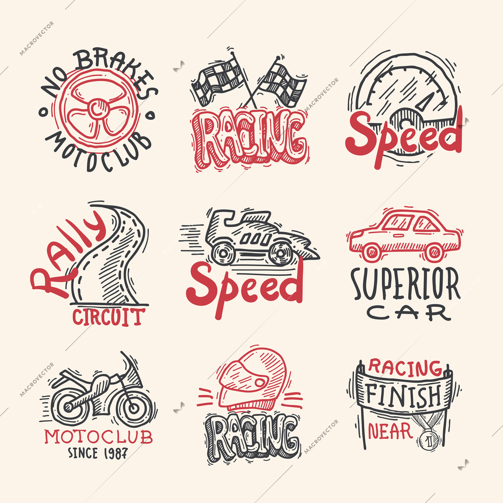 Racing superior car rally circuit sketch emblems set isolated vector illustration