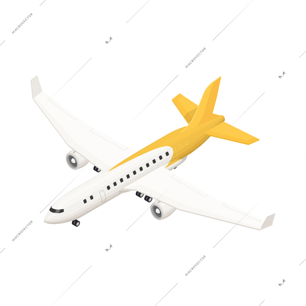 Isometric white and yellow airplane 3d vector illustration