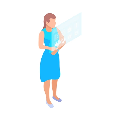 Woman with smartwatch looking at virtual reality interface isometric icon 3d vector illustration