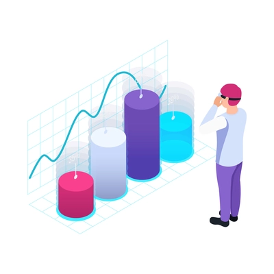 Augmented reality data visualisation concept with man interacting with virtual charts 3d isometric vector illustration