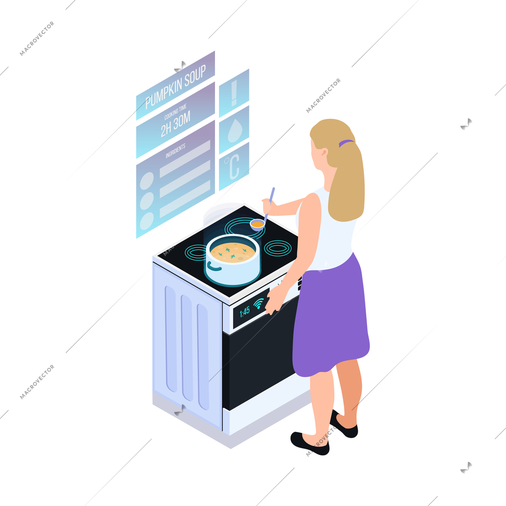 Augmented reality technology icon with woman cooking soup and looking at virtual screen 3d vector illustration