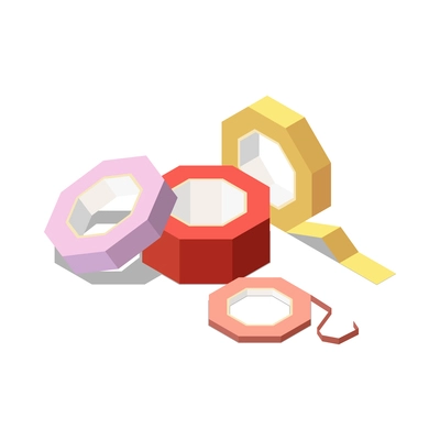 Isometric colorful sticky tape or paper ribbon rolls for gifts packaging 3d vector illustration