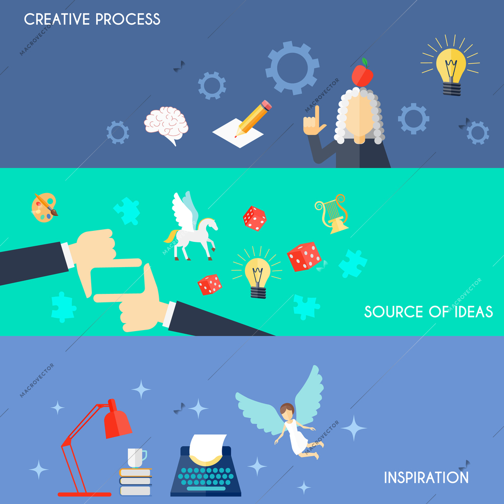 Muse flat horizontal banner set with creative process source of ideas inspiration elements isolated vector illustration