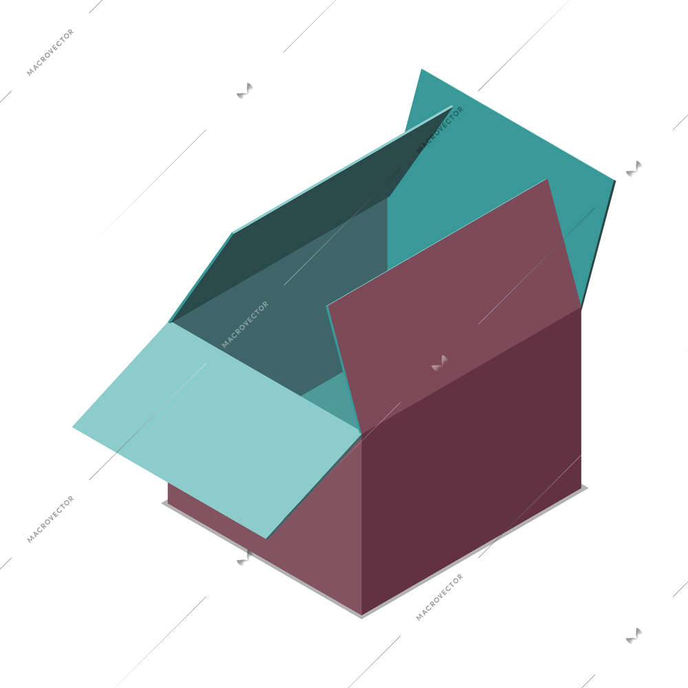 Isometric open empty color cardboard gift box 3d vector illustration