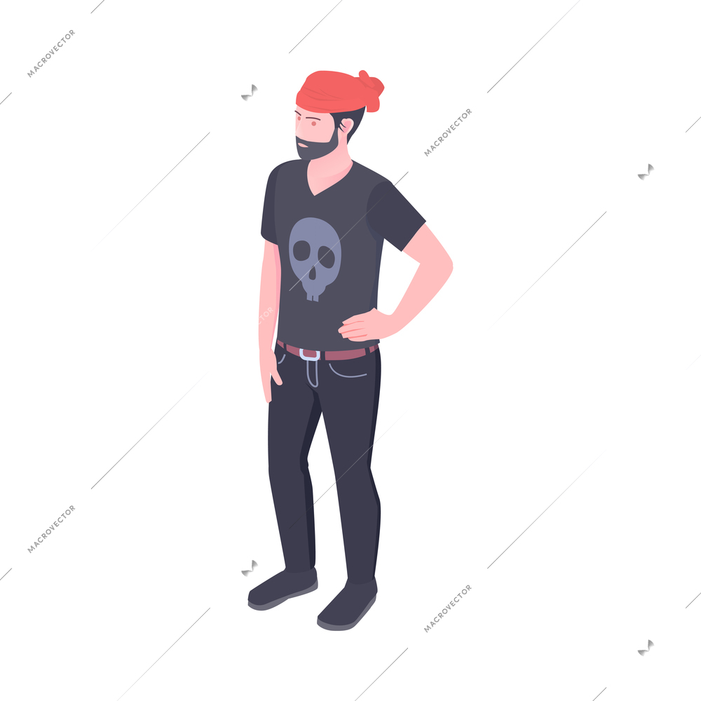 Isometric bearded man wearing bandana and black tshirt with skull 3d vector illustration
