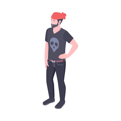 Isometric bearded man wearing bandana and black tshirt with skull 3d vector illustration