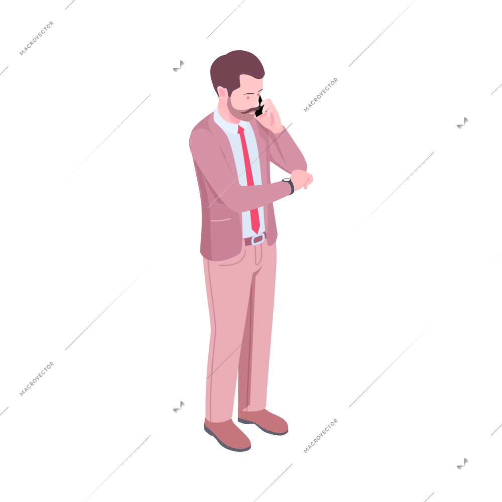 Isometric businessman character talking on phone and looking at watch 3d vector illustration