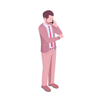 Isometric businessman character talking on phone and looking at watch 3d vector illustration