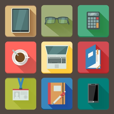 Business workplace icons set of notebook coffee tablet and mobile with shadows vector illustration