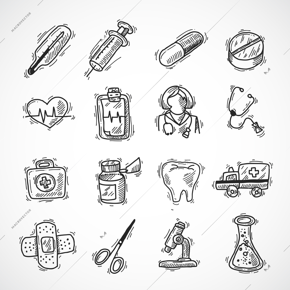 Medical and healthcare pharmacy and hospital icons sketch set isolated vector illustration