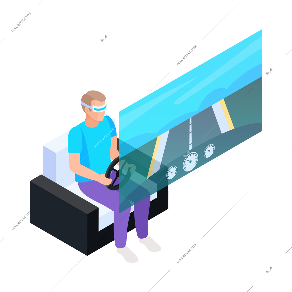 Man playing racing game in virtual reality glasses 3d isometric vector illustration