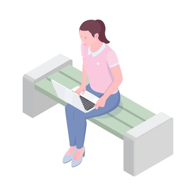 Young woman using laptop sitting on bench in park 3d isometric vector illustration