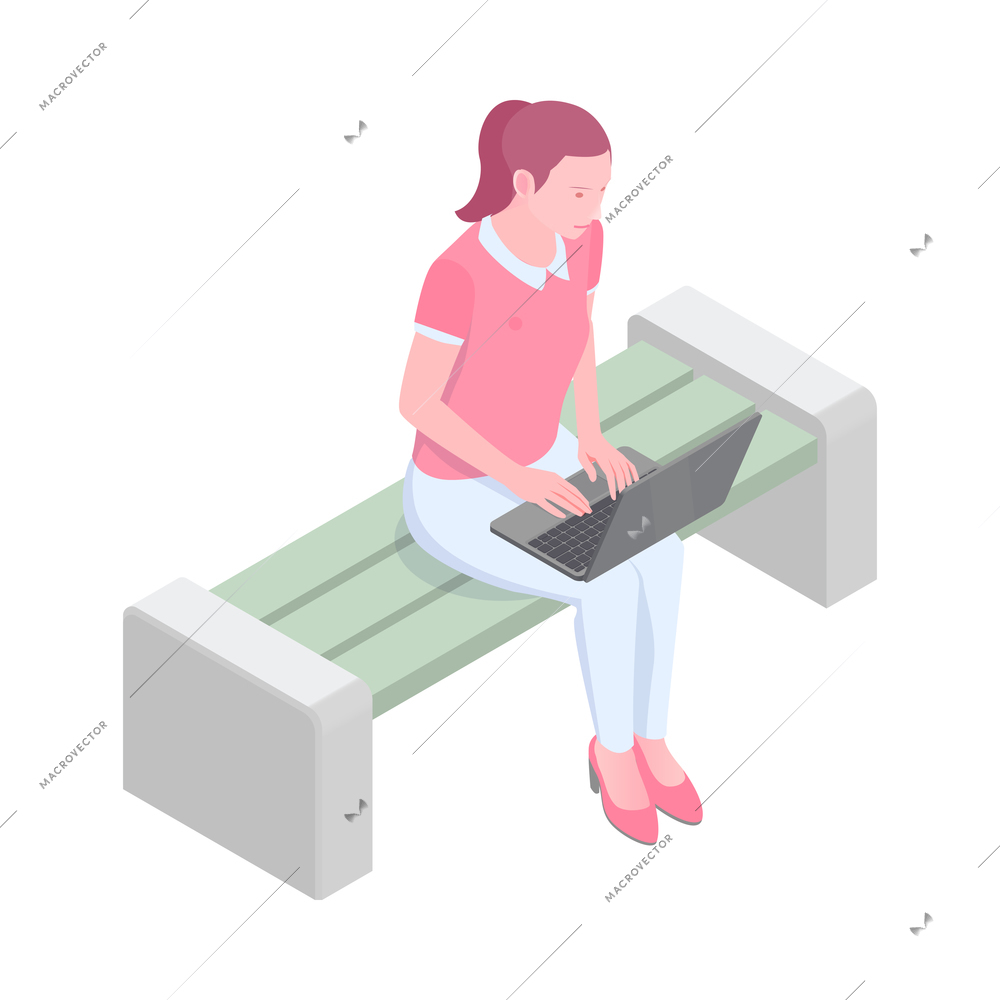 Isometric woman working on laptop on park bench 3d vector illustration