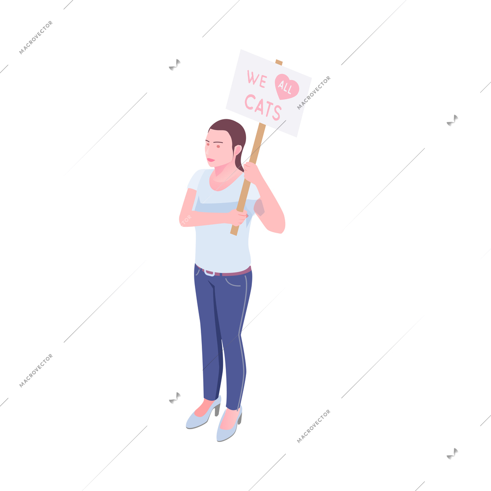 Isometric woman with placard we all love cats 3d vector illustration