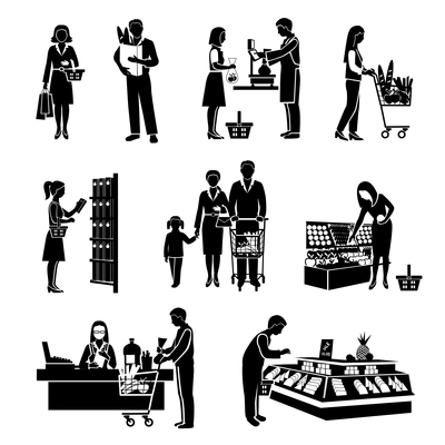 People in supermarket men and women consumers black icons set isolated vector illustration