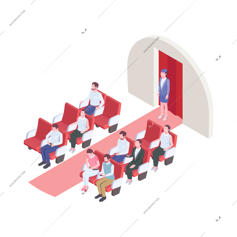 Airplane interior isometric composition with flight attendant and people on their seats 3d vector illustration