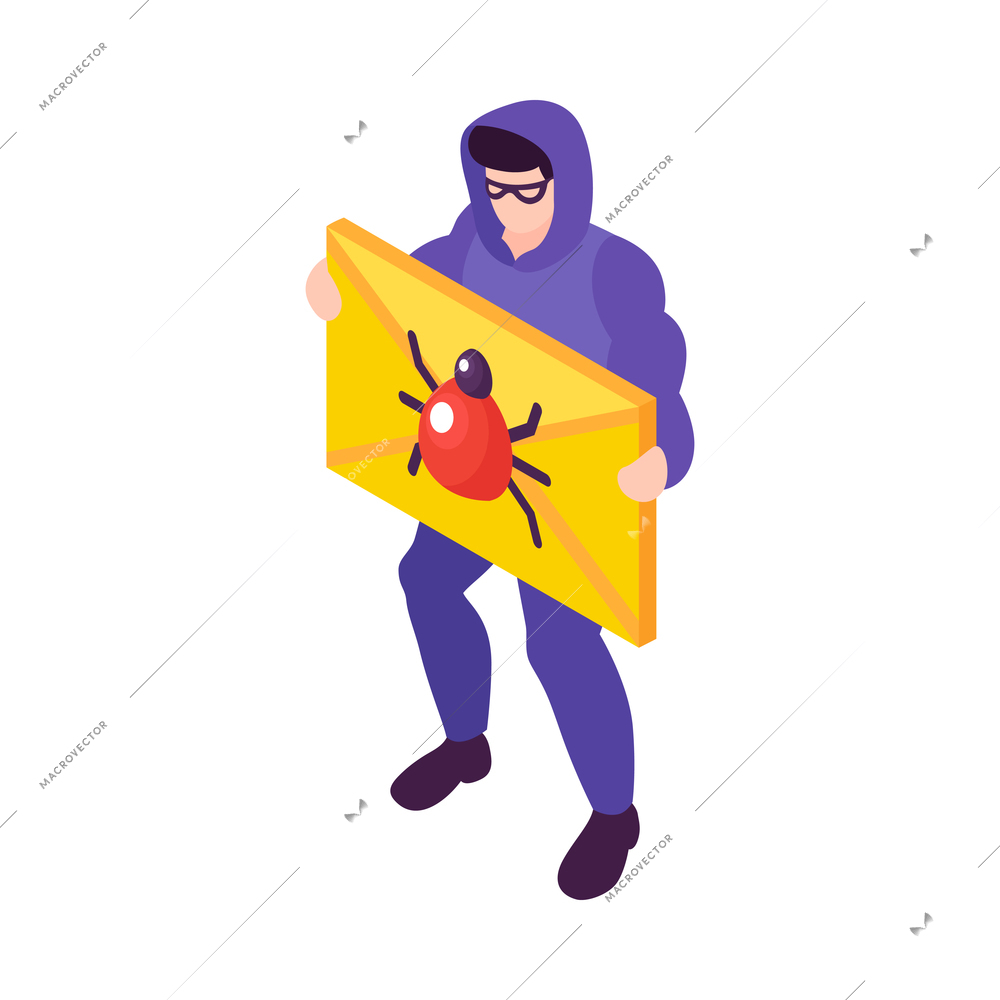 Isometric cyber attack concept with hacker holding email with bug virus 3d vector illustration