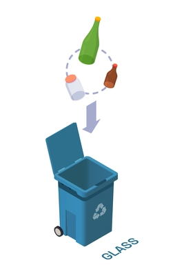 Garbage recycling icon with blue rubbish bin for glass waste 3d isometric vector illustration