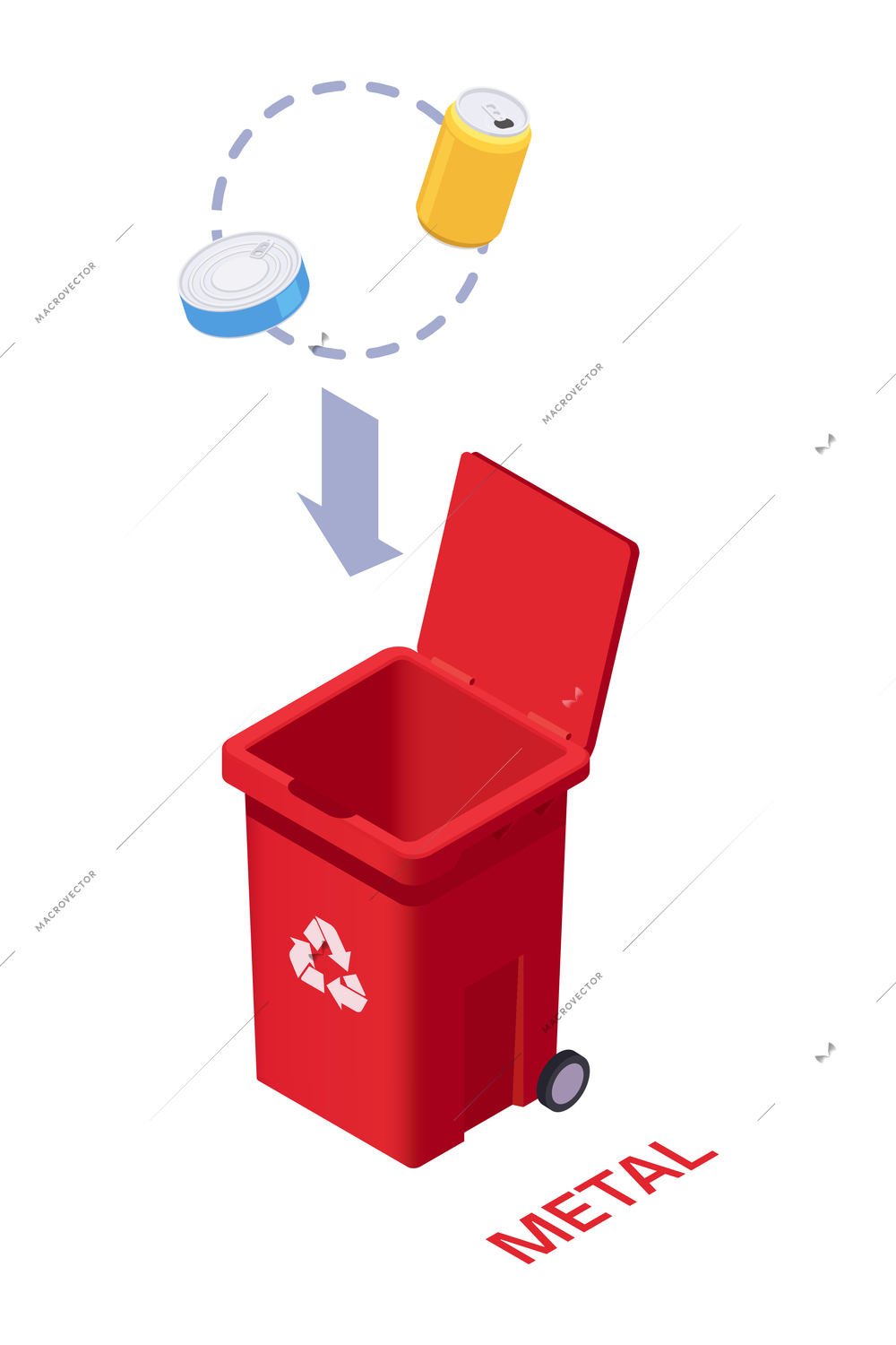 Garbage recycling icon with red bin for metal waste 3d isometric vector illustration