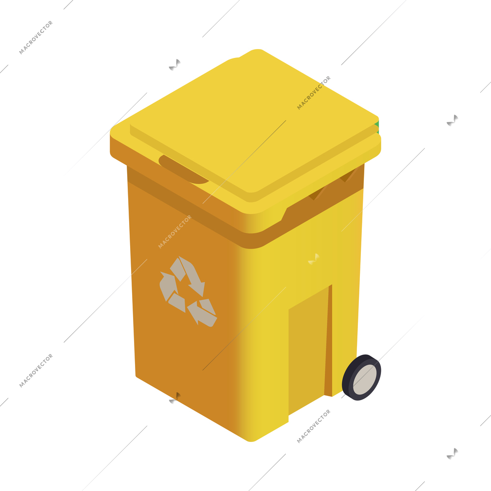 Yellow garbage bin with recycle symbol 3d isometric vector illustration